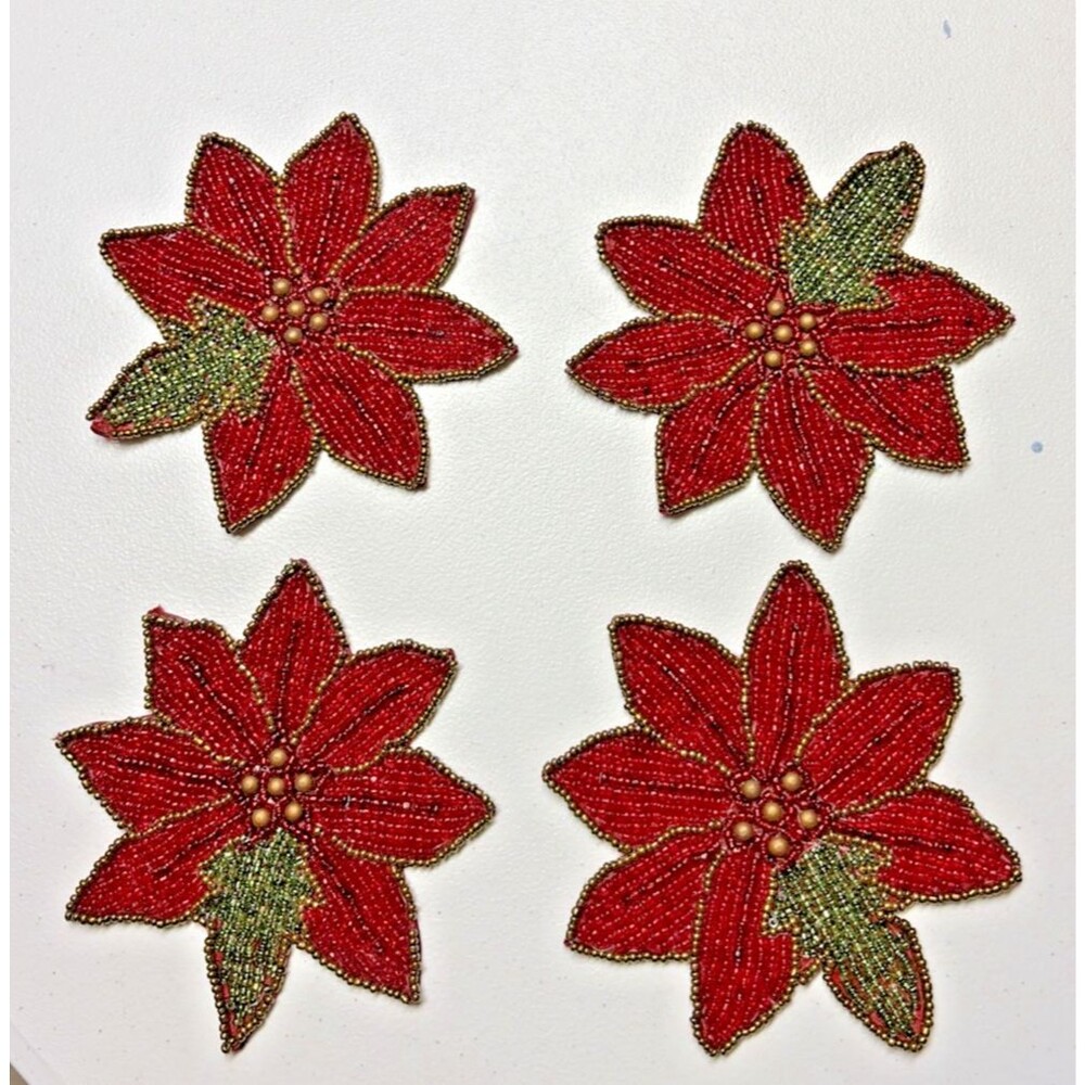 Poinsettia Beaded Coasters set of 4 Vintage 5.5” X 5.5”